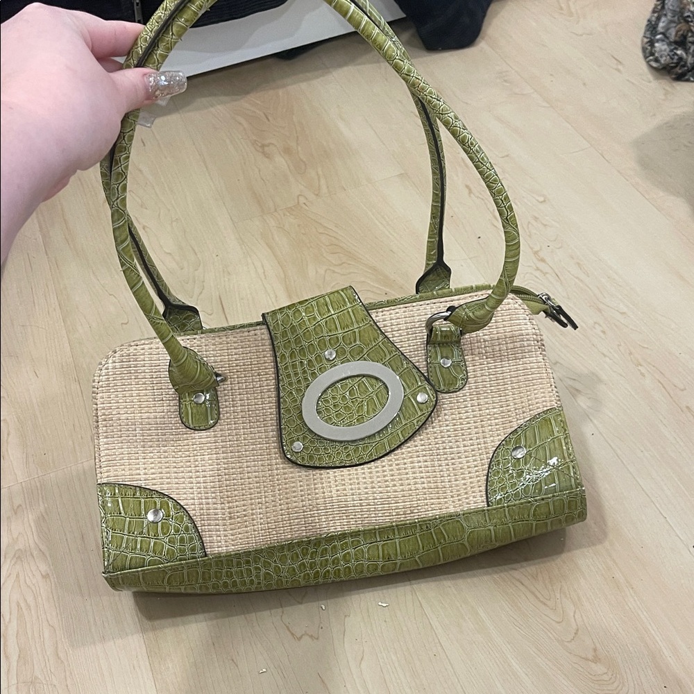 Green and Tan Women's Handbag